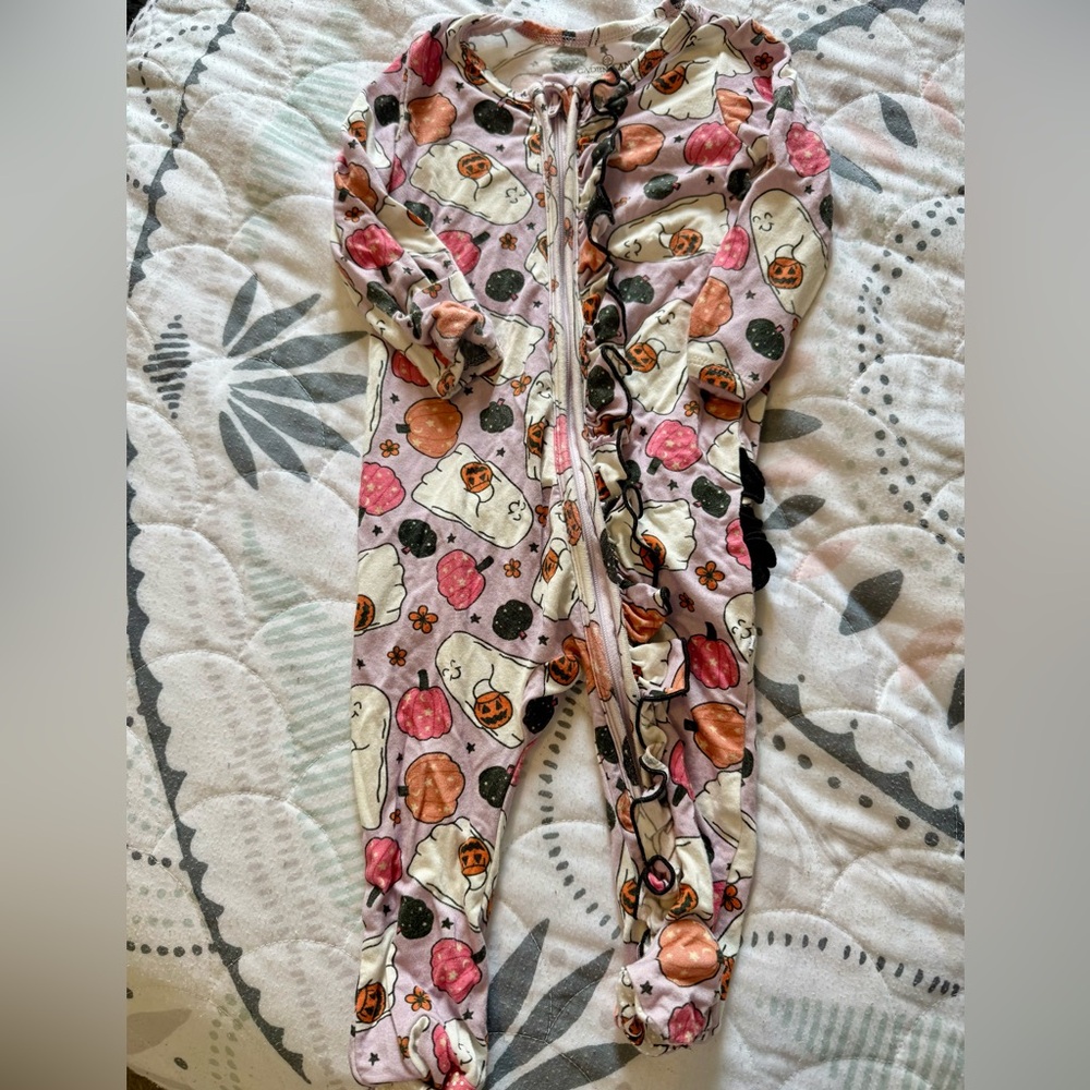 Caden Lane Halloween Ruffle Onesie with feet. Size 3-6 Months.